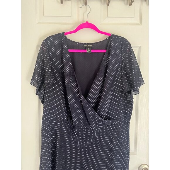 Lane Bryant Navy Blue Polka Dot Flutter Sleeve Midi Faux Wrap Dress Size 22 - Picture 2 of 12